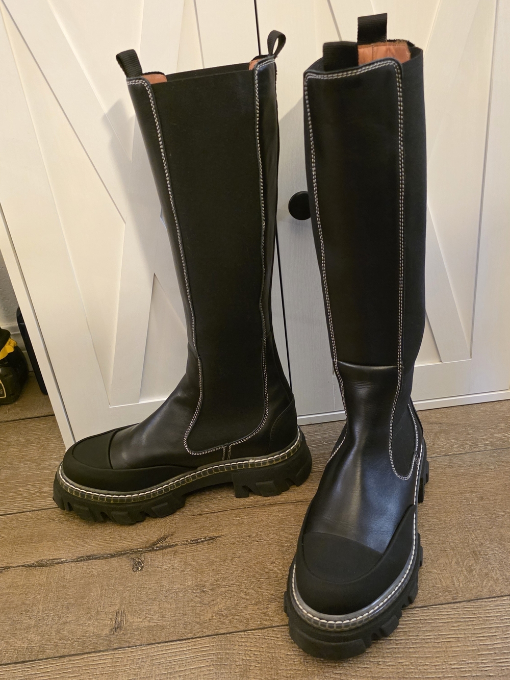 Ganni White Stitched Cleated High Chelsea Boots 41